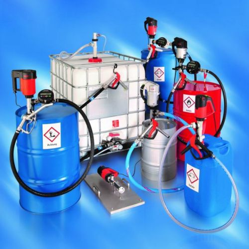 Variety of drum and IBC pumps in barrels, containers and IBC