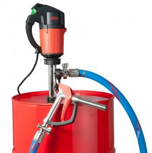 Flux drum pump with dispensing hose and hand nozzle in red barrel