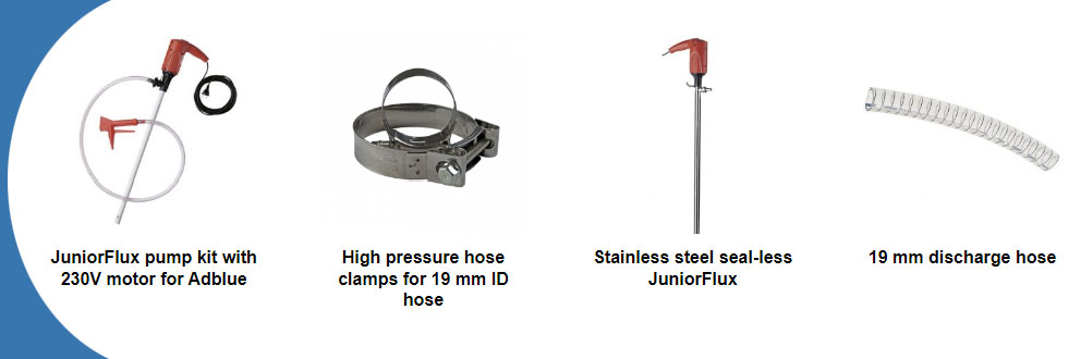 JuniorFlux pump kit, high pressure hose, stainless steel drum pump and hose